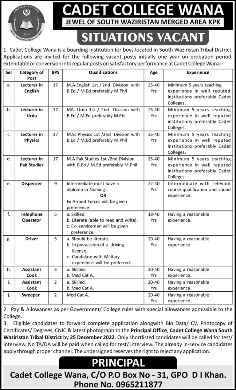 Cadet College WANA Jobs 2022 