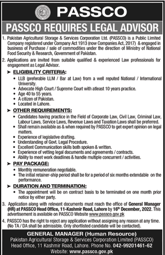 PASSCO Legal Advisor jobs 2022
