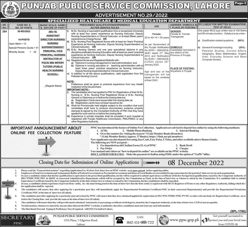PPSC Jobs Advertisement No. 29/2022 –