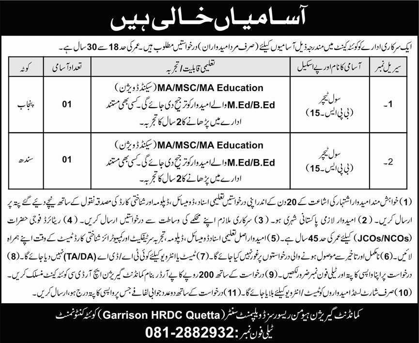Garrison HRDC Quetta Jobs 2022
