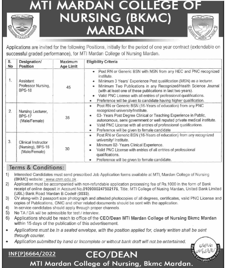 MTI Mardan College of Nursing Jobs 2022 