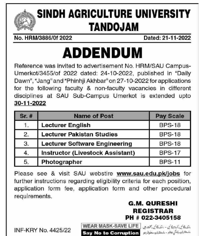Sindh Agriculture University Jobs 2022