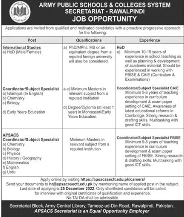 Army Public Schools & Colleges System Secretariat Jobs 2022-23