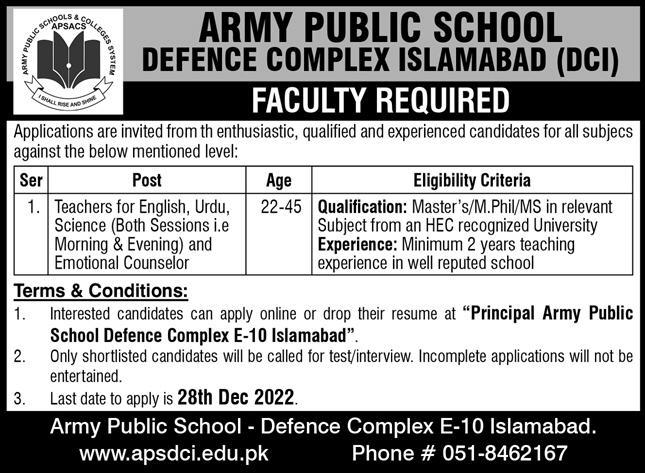Army Public School Jobs 2023 – Defence Complex Islamabad