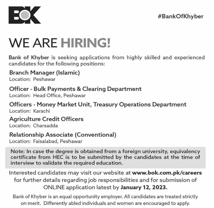 BOK Jobs 2023 -New Banking Jobs in Pakistan