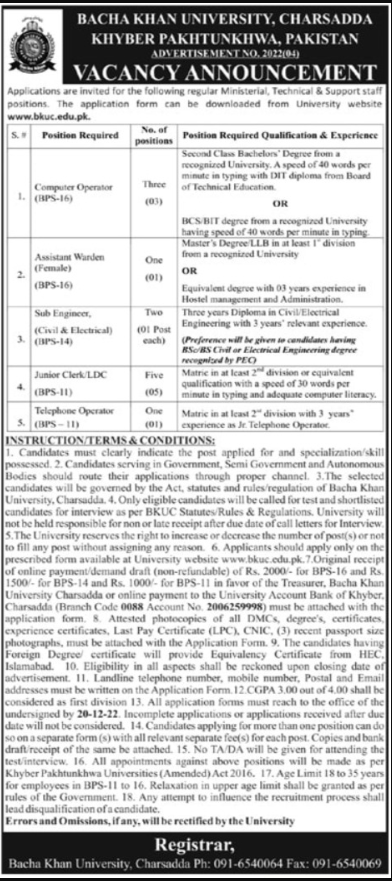 Bacha Khan University, Charsadda Khyber Pakhtunkhwa Jobs 2022