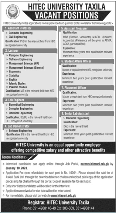 HITEC University Taxila Jobs 2023 – Apply online