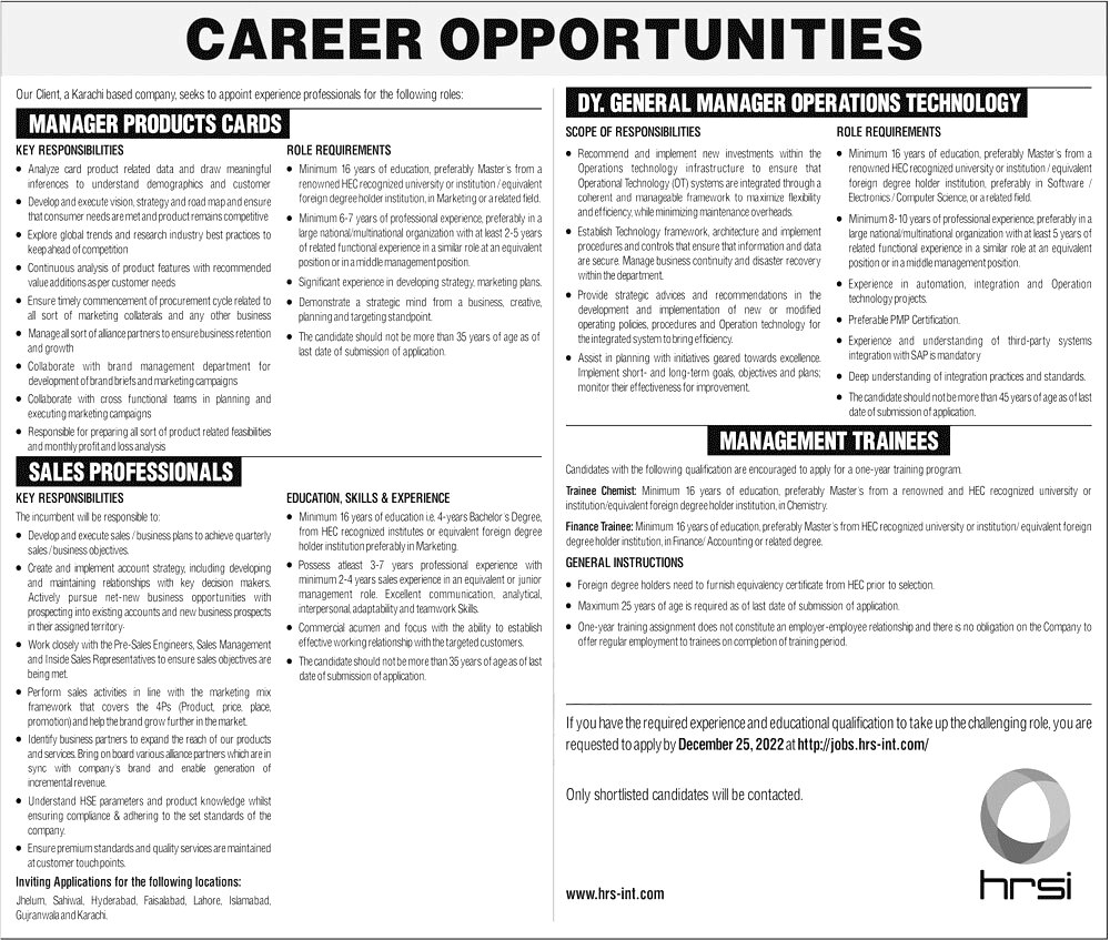Human Resource Solution International HRSI Jobs 2022-23