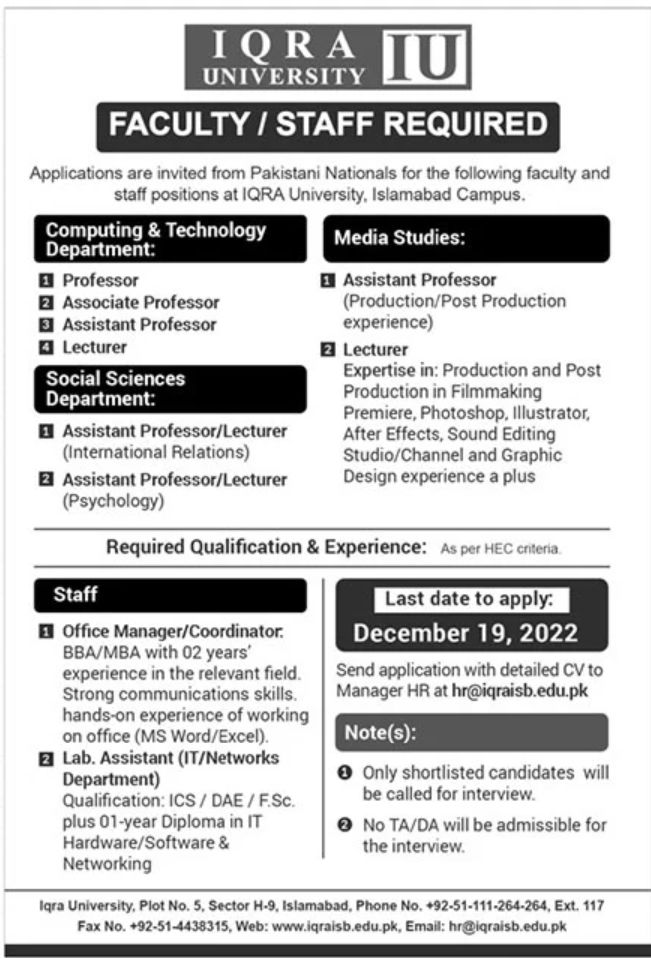 Iqra University Islamabad Jobs 2022 IU