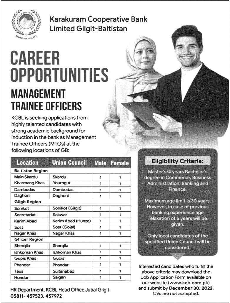 KCBL (Karakuram Cooperative Bank Limited) Jobs 2022 – Trainee Officers