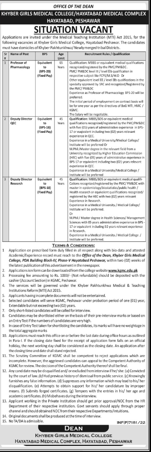 Khyber Girls Medical College Job 2023 – Hayatabad Medical Complex