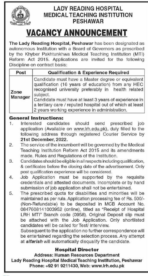 Lady Reading Hospital Peshawar Job