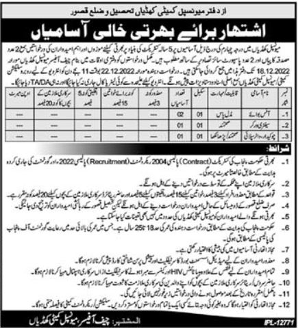 Municipal Committee District Kasur Jobs 2022 – Govt of Punjab