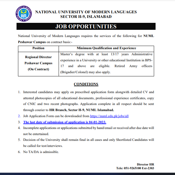 NUML Peshawar Campus Jobs 2022