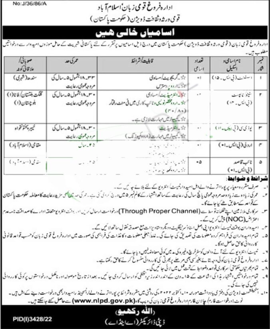 National Language Promotion Department NLPD Islamabad Jobs 2022