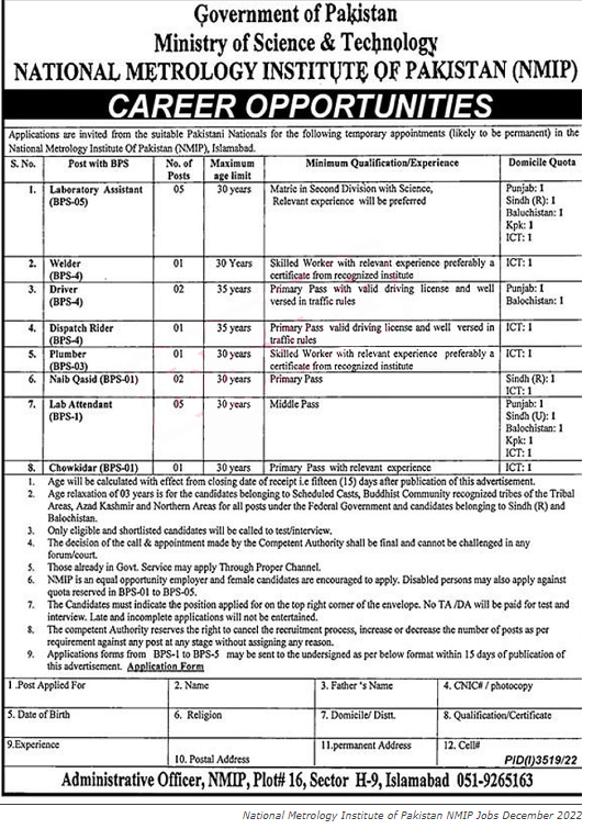 National Metrology Institute of Pakistan Jobs 2022-23 – NMIP