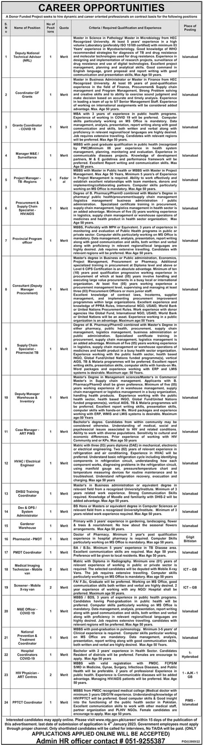 National TB Control Program Jobs 2022 – NTP Islamabad