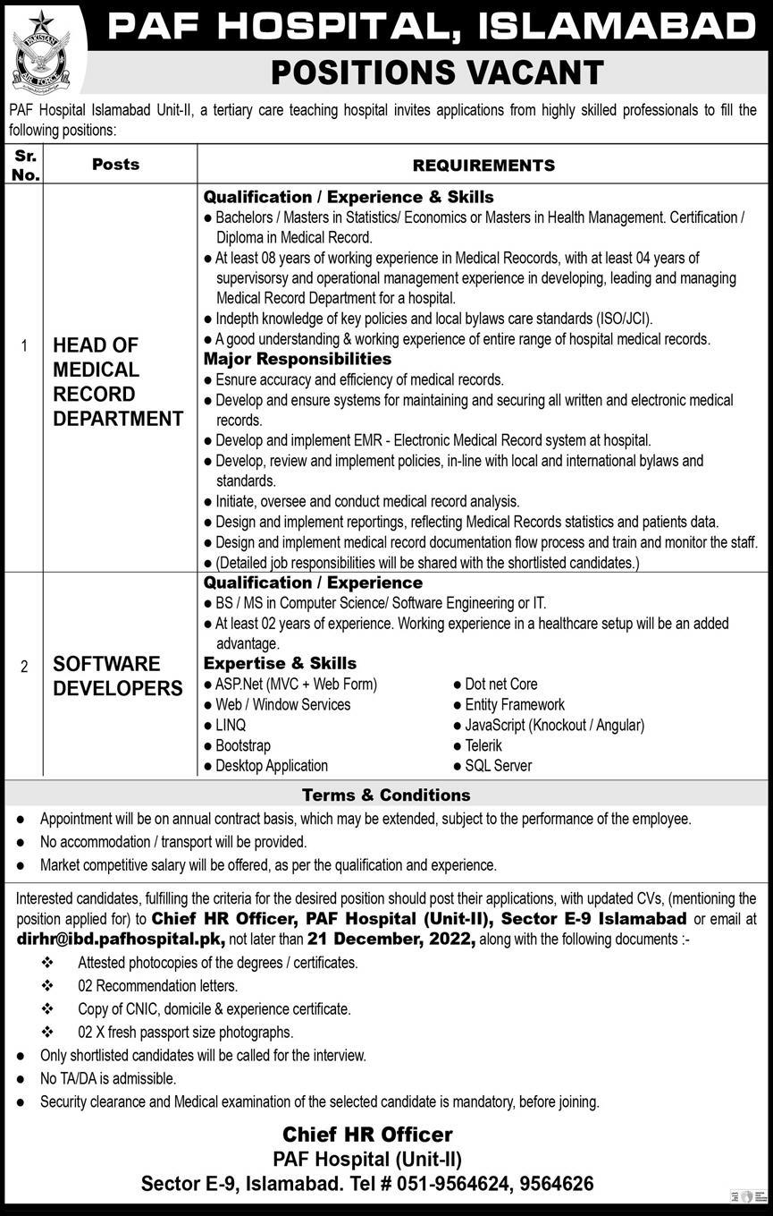 PAF Hospital Jobs 2022-23 -Islamabad Medical Recruitments