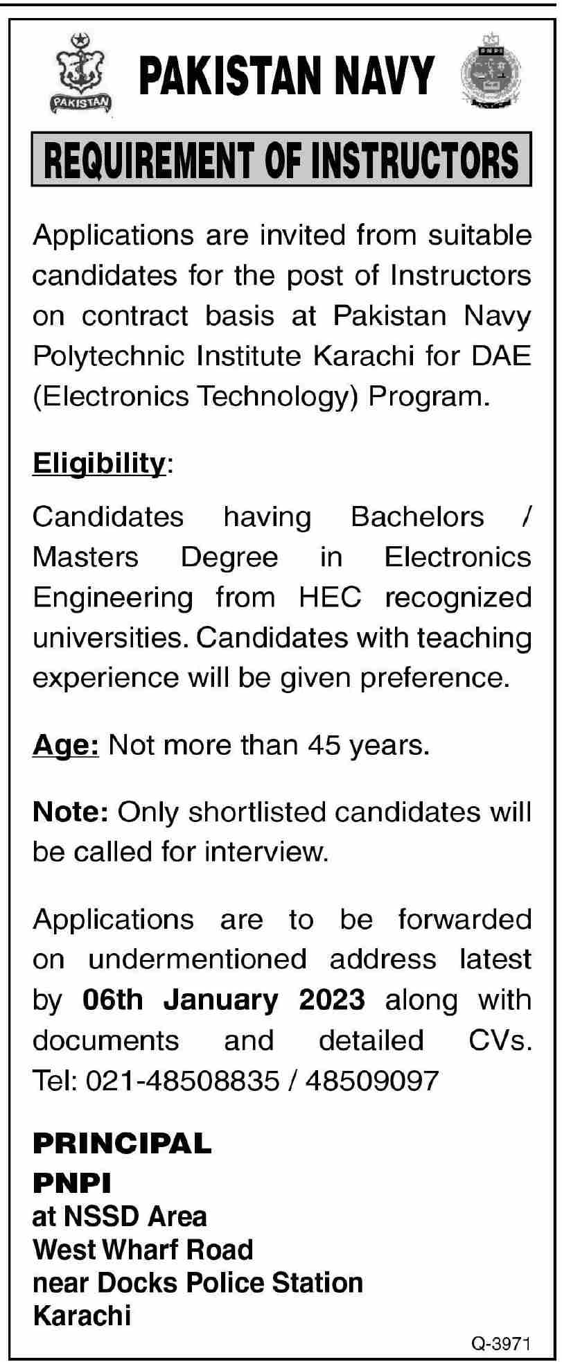 Pakistan Navy Instructor Jobs 2022 at Polytechnic Institute Karachi