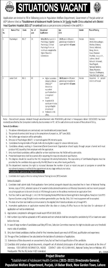 Punjab Population Welfare Department Jobs 2023