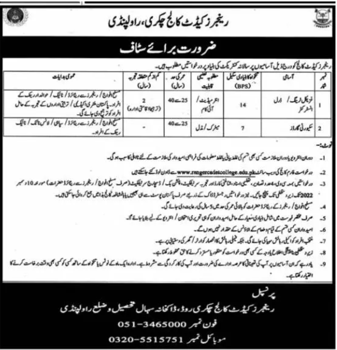 Ranger Cadet College Chakri Jobs 2022