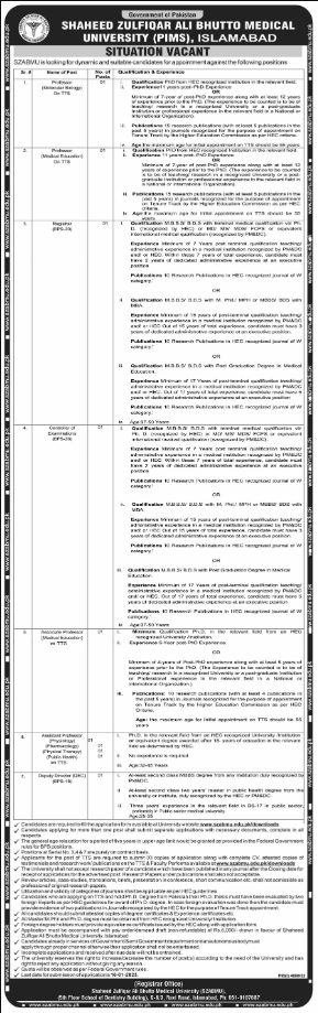 Shaheed Zulfiqar Ali Bhutto Medical University SZABMU Jobs 2023