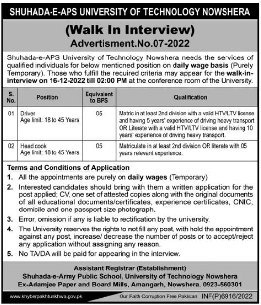 Shuhada E APS University of Technology Jobs 2022 – Nowshera Cantt