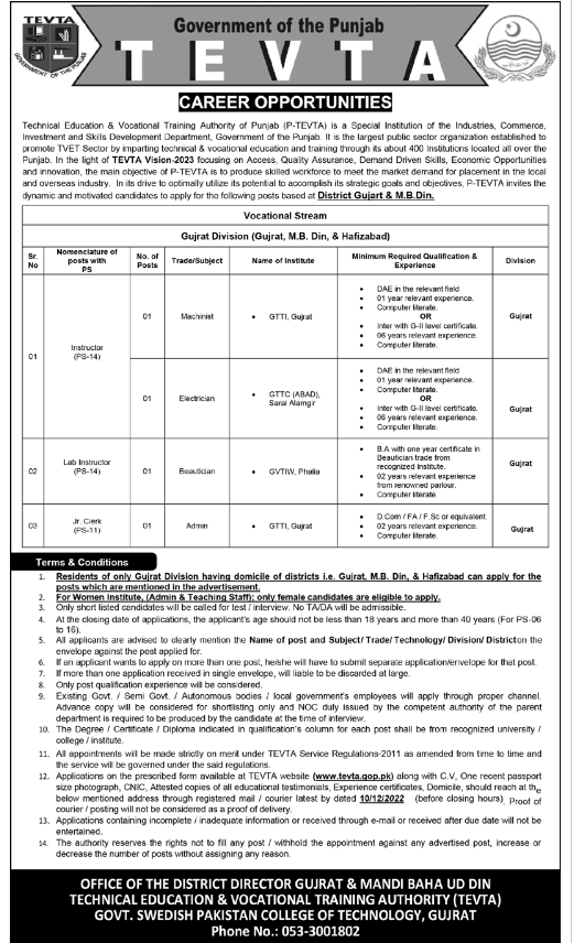 TEVTA Gujrat Jobs 2022 – Government College of Technology