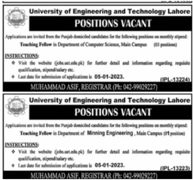 UET Lahore Jobs 2023 – Teaching Fellow Opportunities