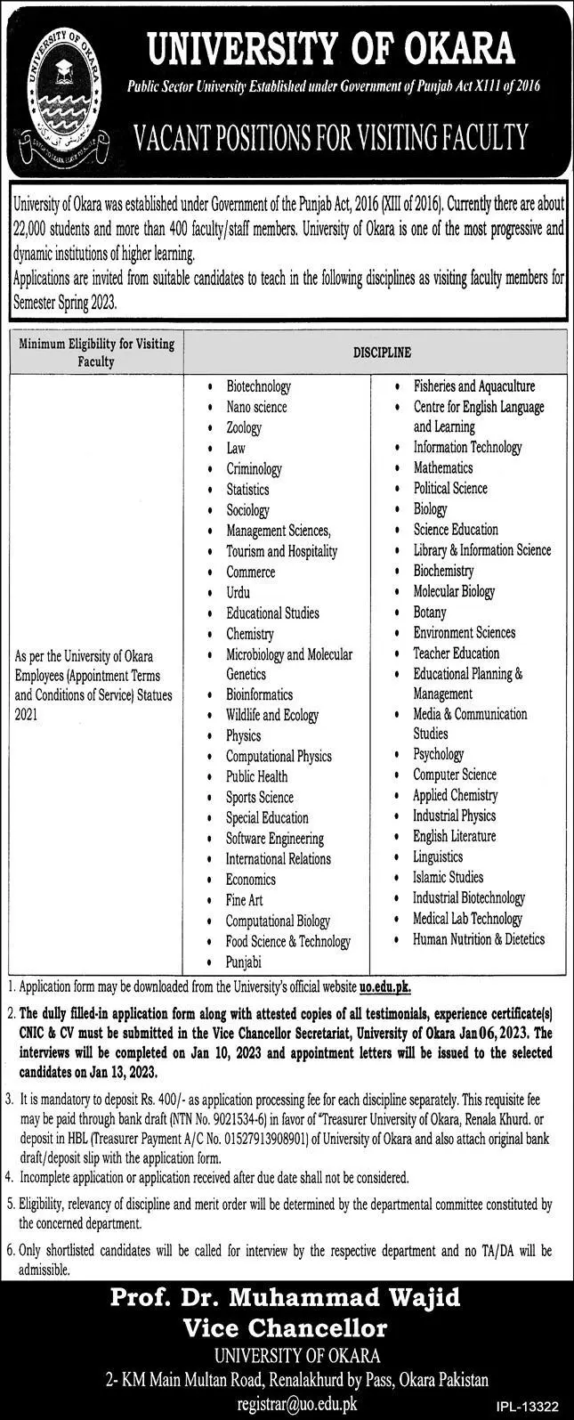 University of Okara (UO) Jobs 2023 – 400 Visiting Faculty 