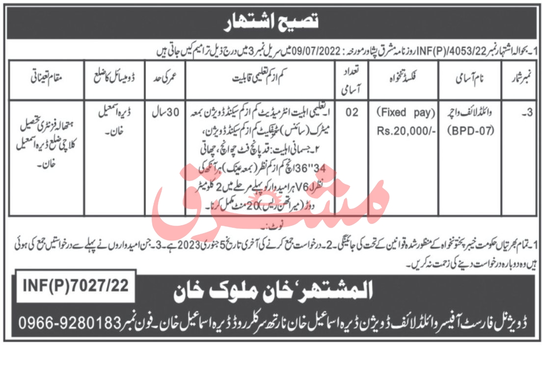 Wildlife Watcher Jobs in Dera Ismail Khan 2022