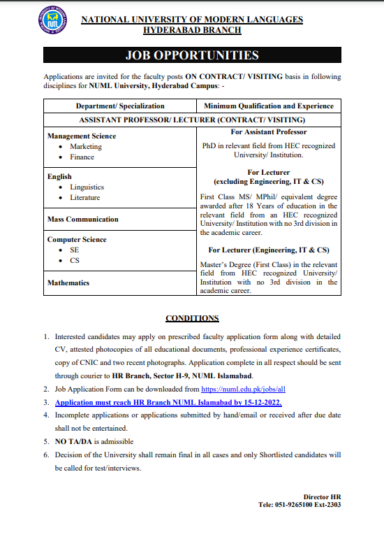 NUML Hyderabad Campus Jobs 2022