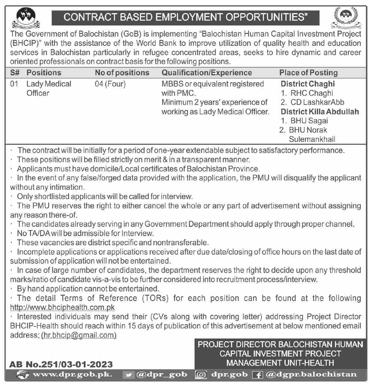 Balochistan Human Capital Investment Project Hiring