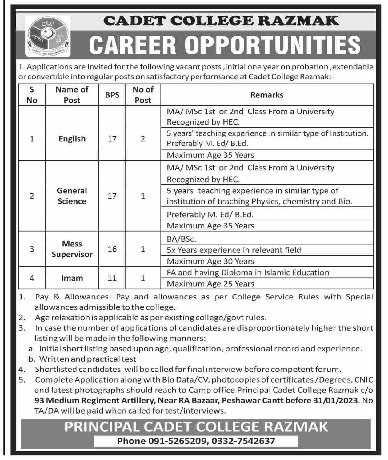 Cadet College (Razmak) Jobs 2023