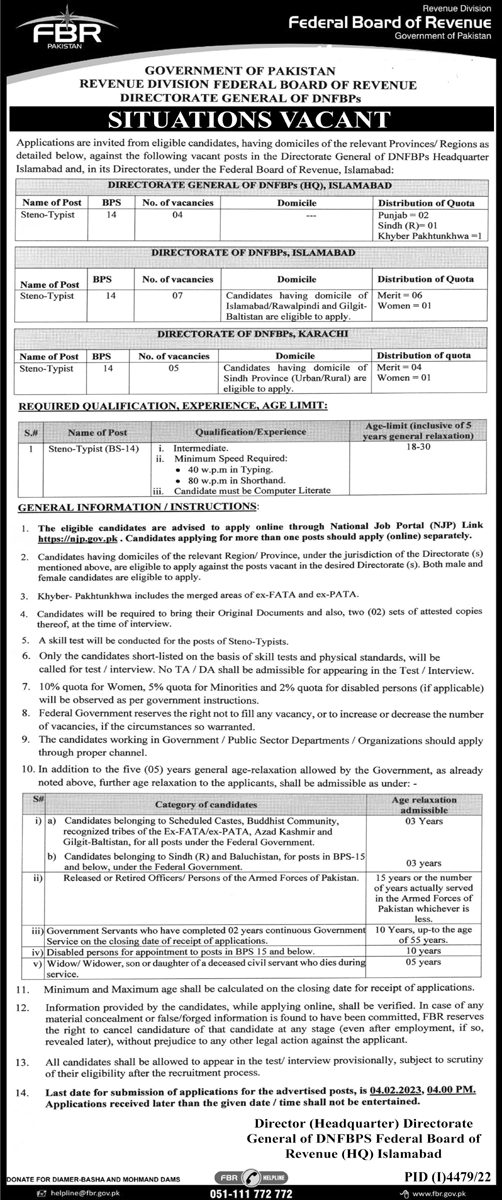 FBR Steno Typist Jobs 2023 Apply Online through NJP