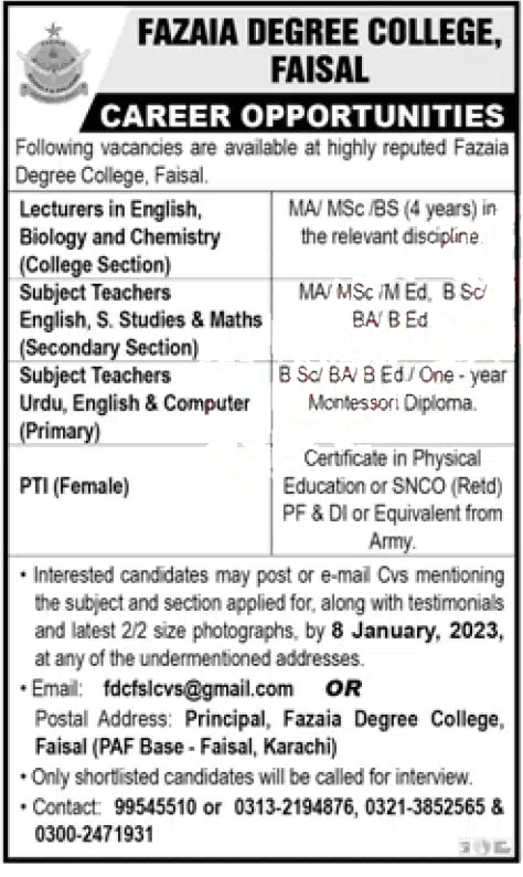 Fazaia Degree College Jobs 2023 