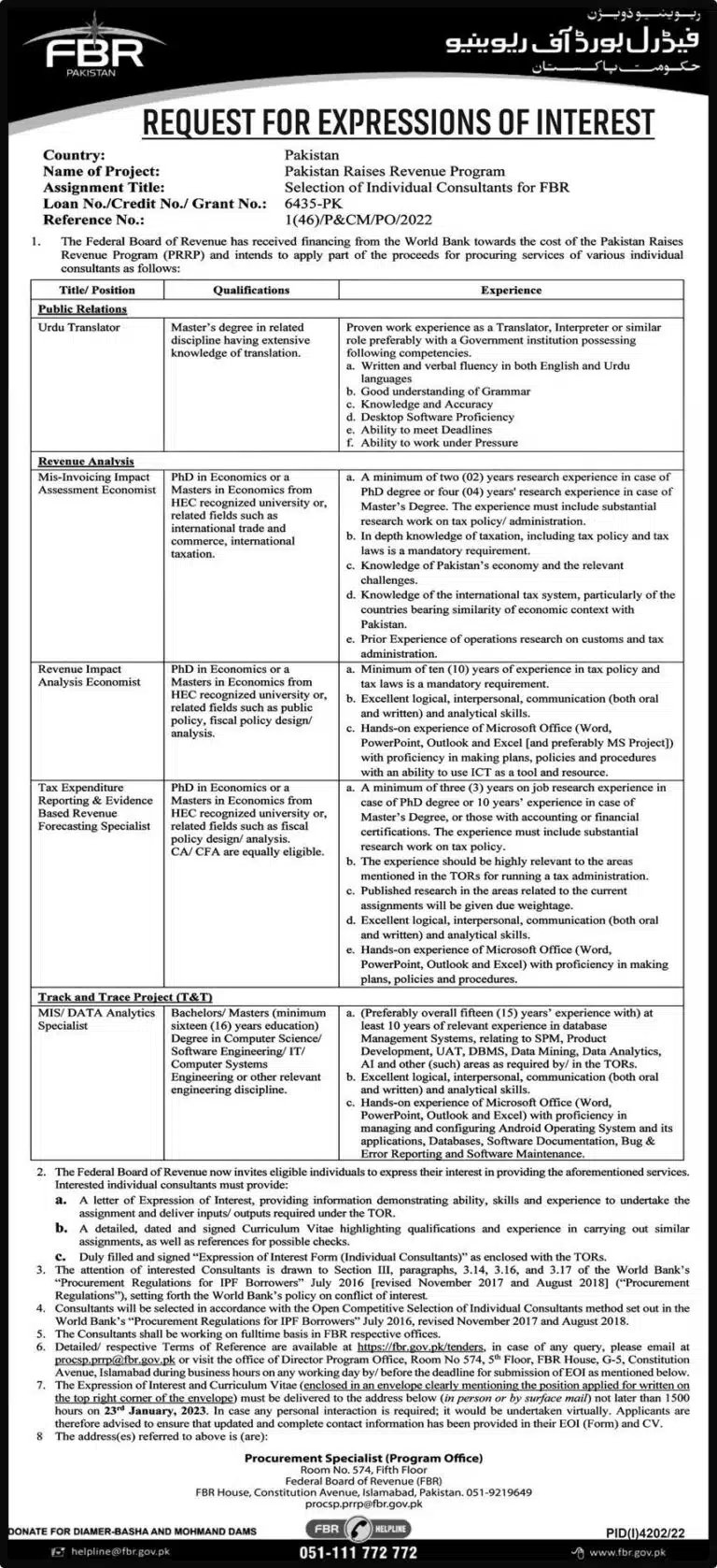 Federal Board of Revenue (FBR) Jobs 2023 