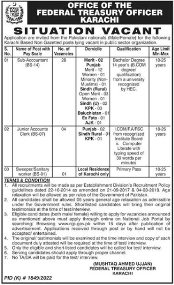 Federal Treasury Office Karachi Jobs 2023