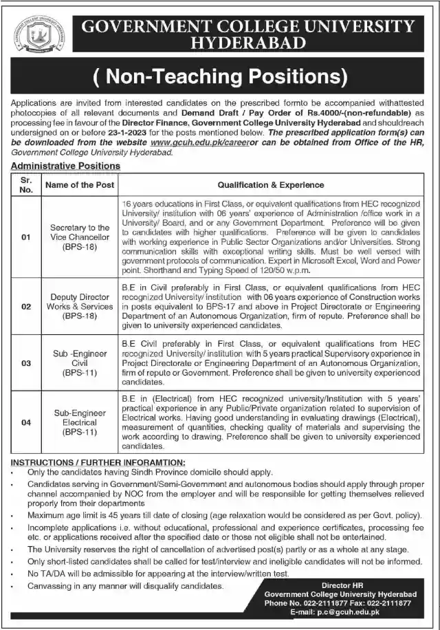 GC University Hyderabad Jobs 2023 – www.gcuh.edu.pk