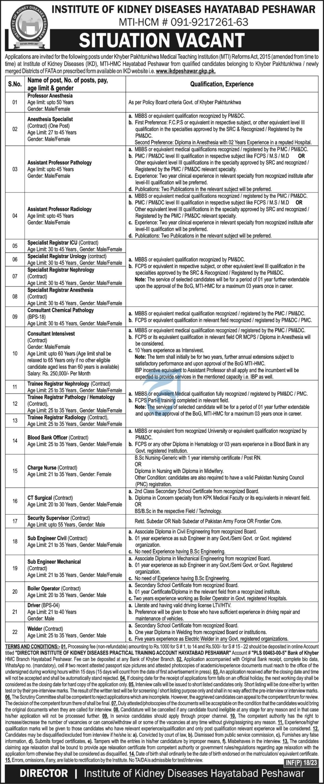 Institute of Kidney Diseases Jobs 2023 