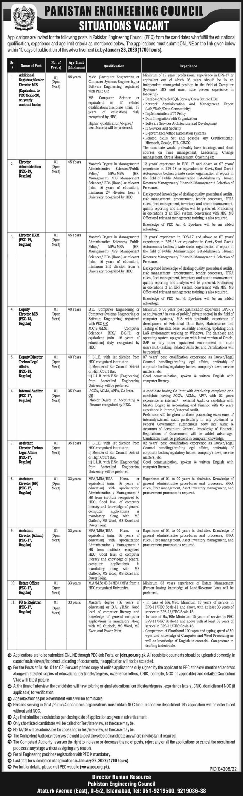 Pakistan Engineering Council (PEC) Jobs 2023