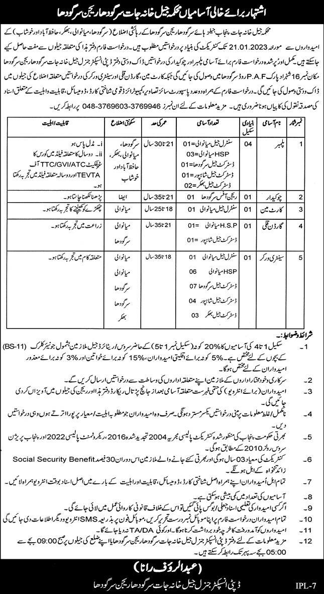 Punjab Jail Department Jobs 2023 – Sargodha Region