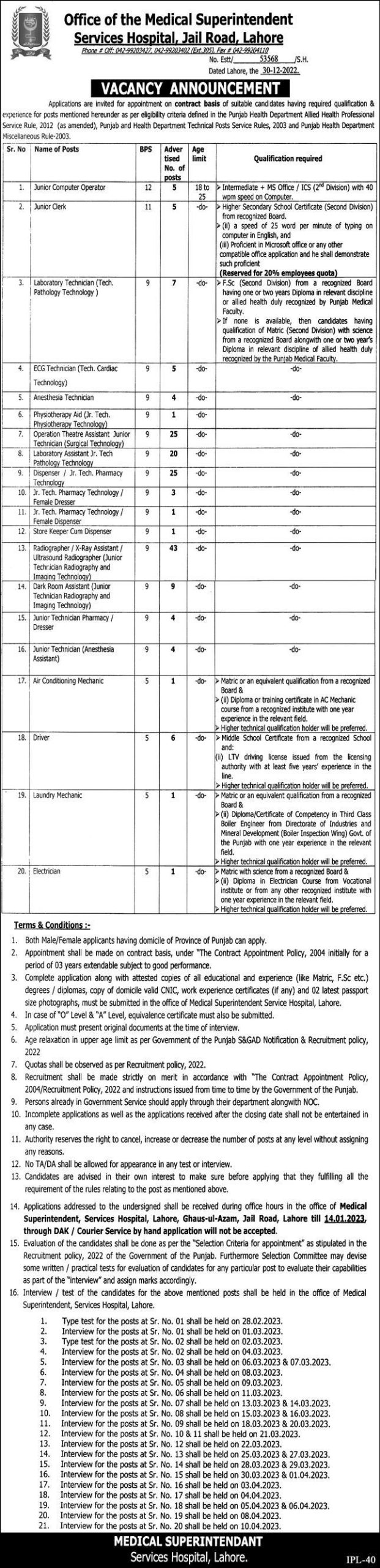 Service Hospital Lahore (Office of The Medical Superintendent) Jobs 2023