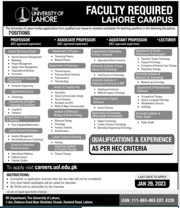 University of Lahore Jobs 2023 – Teaching Faculty in UOL