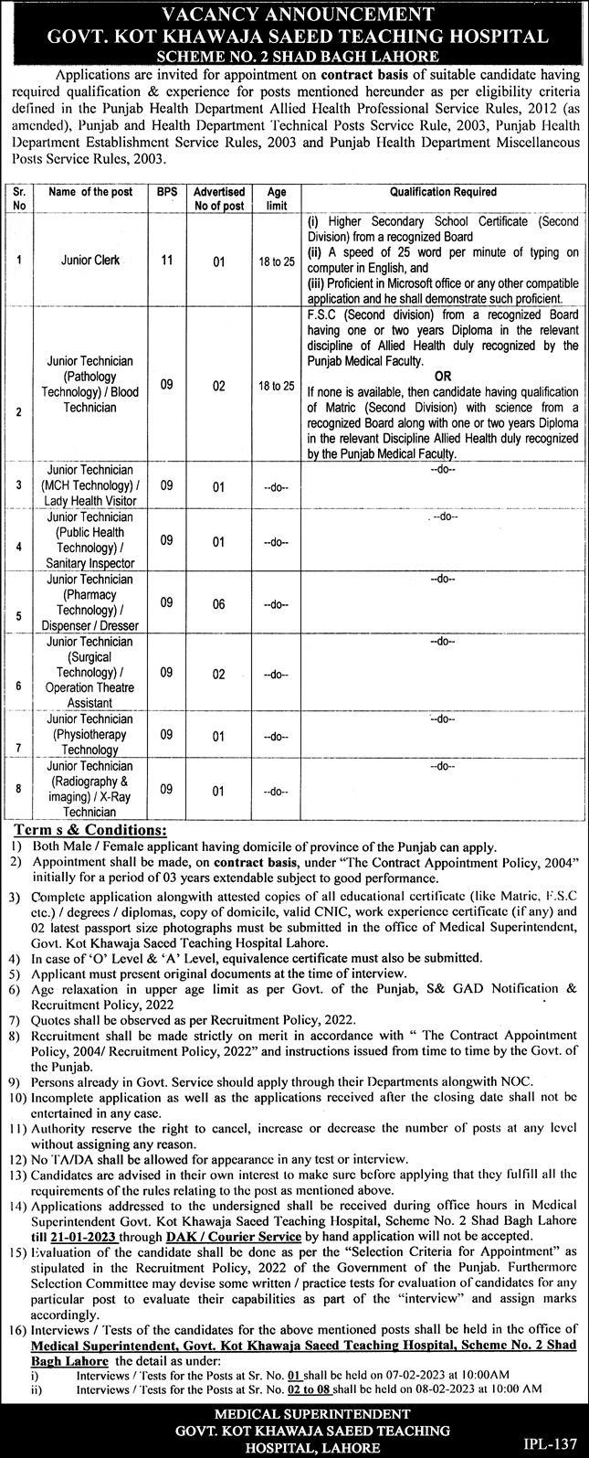 Latest Govt Kot Khawaja Saeed Teaching Hospital Lahore Jobs 2023