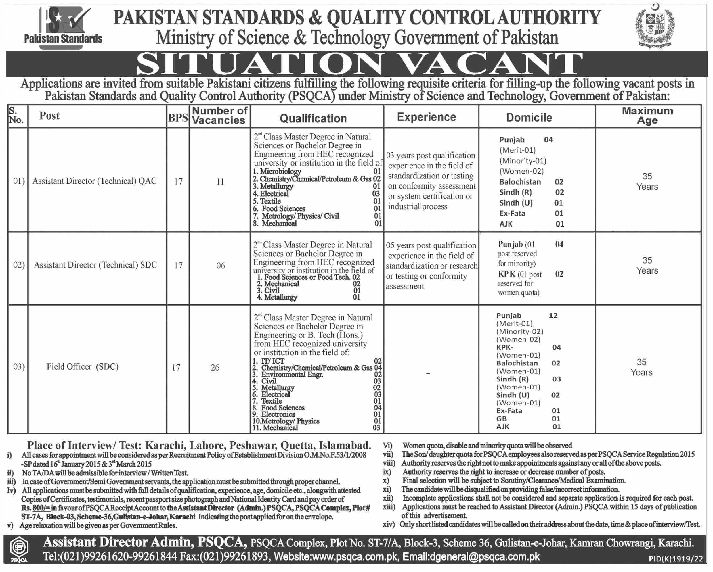 Pakistan Standard & Quality Control Authority Karachi Jobs
